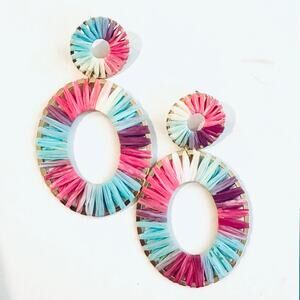 Multicolored Raffia Wrapped Oval Drop Earrings